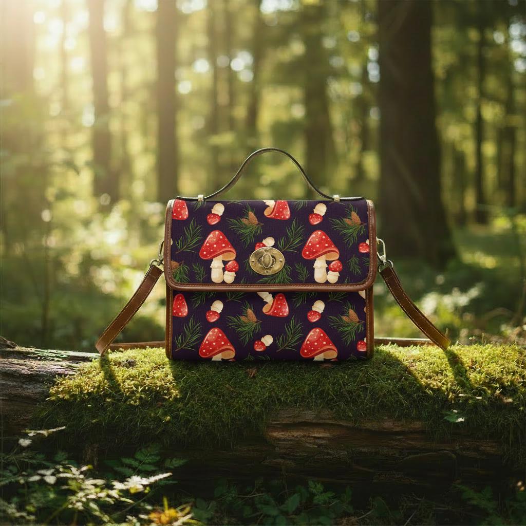 Toadstool Mushrooms Canvas Crossbody Bag – Black Red Dark Academia Handbag