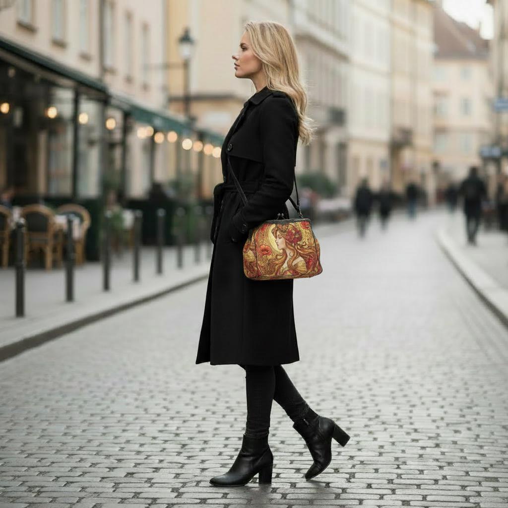 Art Nouveau Style Kisslock Crossbody Handbag - Vintage Romantic Bag