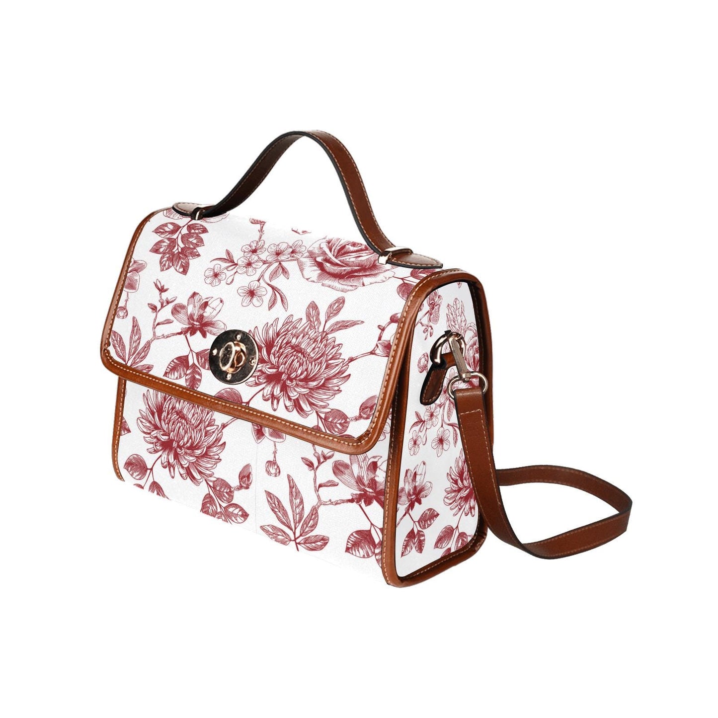 Toile de Jouy Canvas Crossbody Handbag – Vintage White Red Floral Top Handle Bag