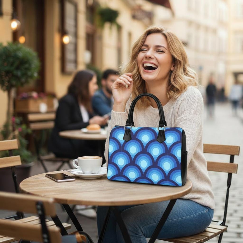 Retro 70s Peacock Eye Print Barrel Handbag – Blue Black Everyday Top Handle Purse