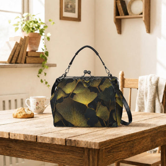 Black Gold Ginkgo Leaves Kisslock Handbag - Botanical Crossbody Shoulder Bag