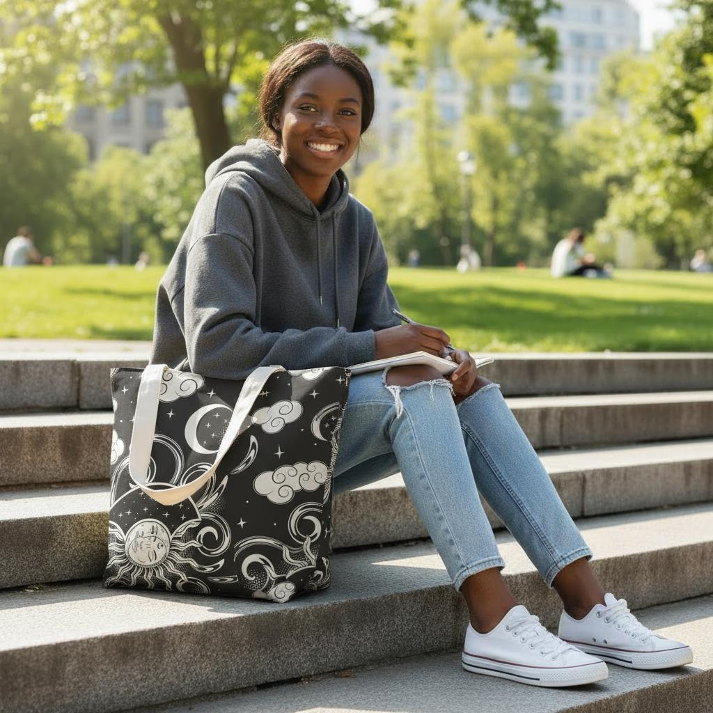 Sun & Moon Black White Cotton Yoga Tote – Shoulder Bag with Built-In Mat Storage
