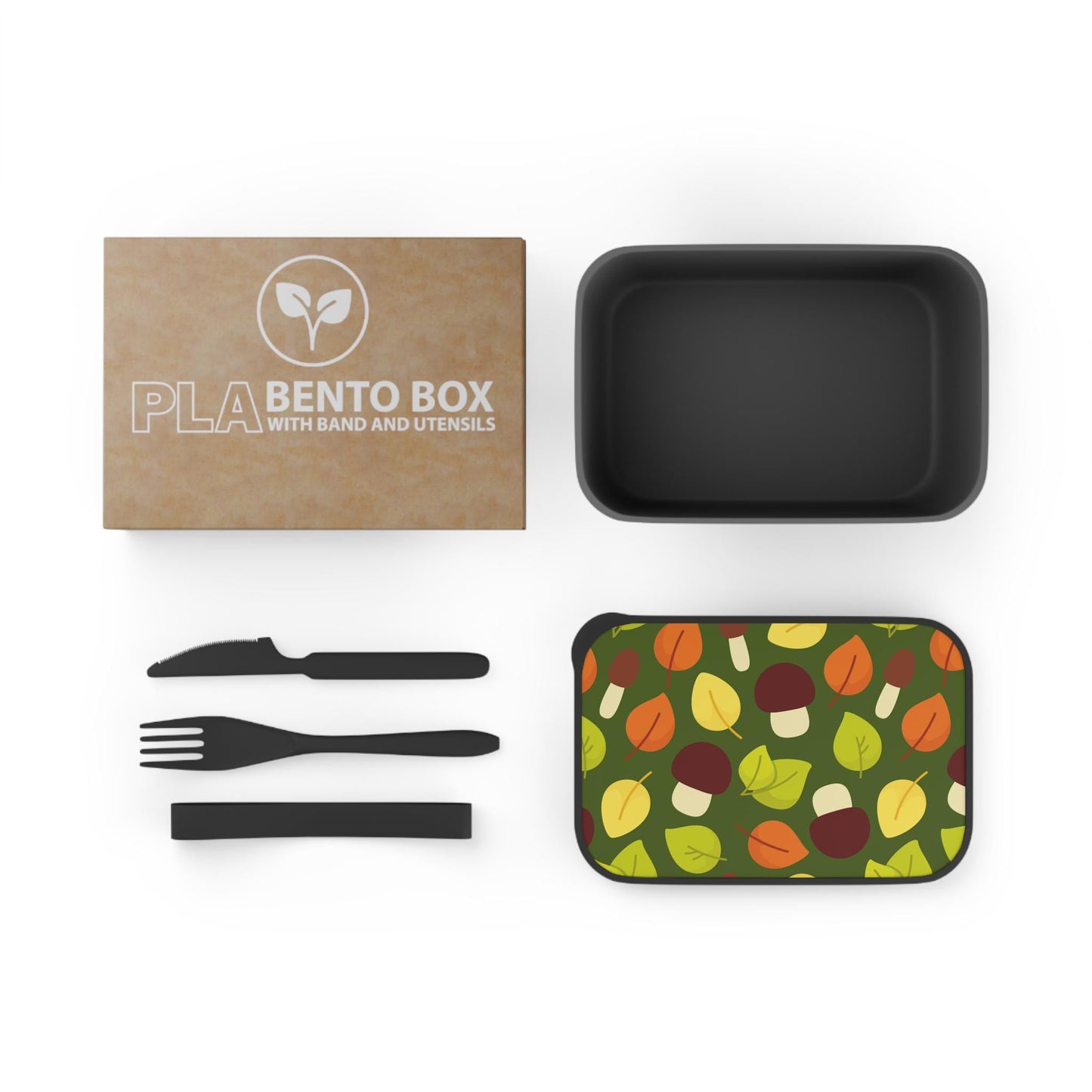 Mushroom Autumn Leaves Bento Box: Bioplastic Lunch Container with Cutlery