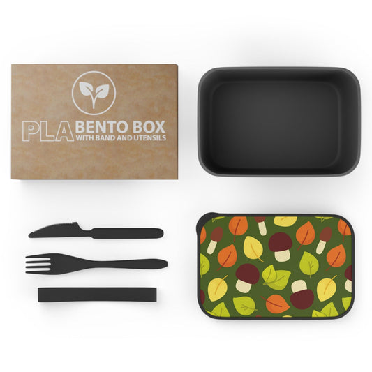 Mushroom Autumn Leaves Bento Box: Bioplastic Lunch Container with Cutlery
