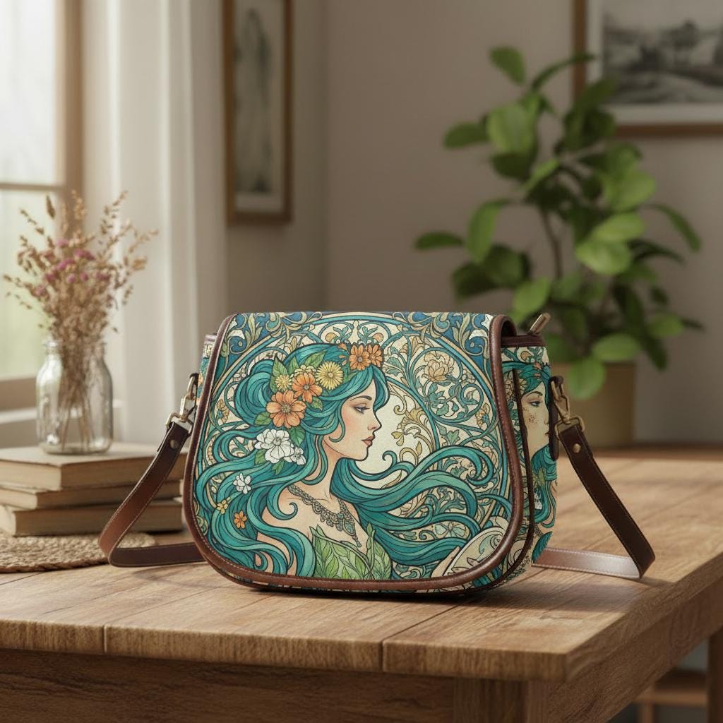 Art Nouveau Floral Saddle Bag, Romantic Crossbody or Shoulder Handbag