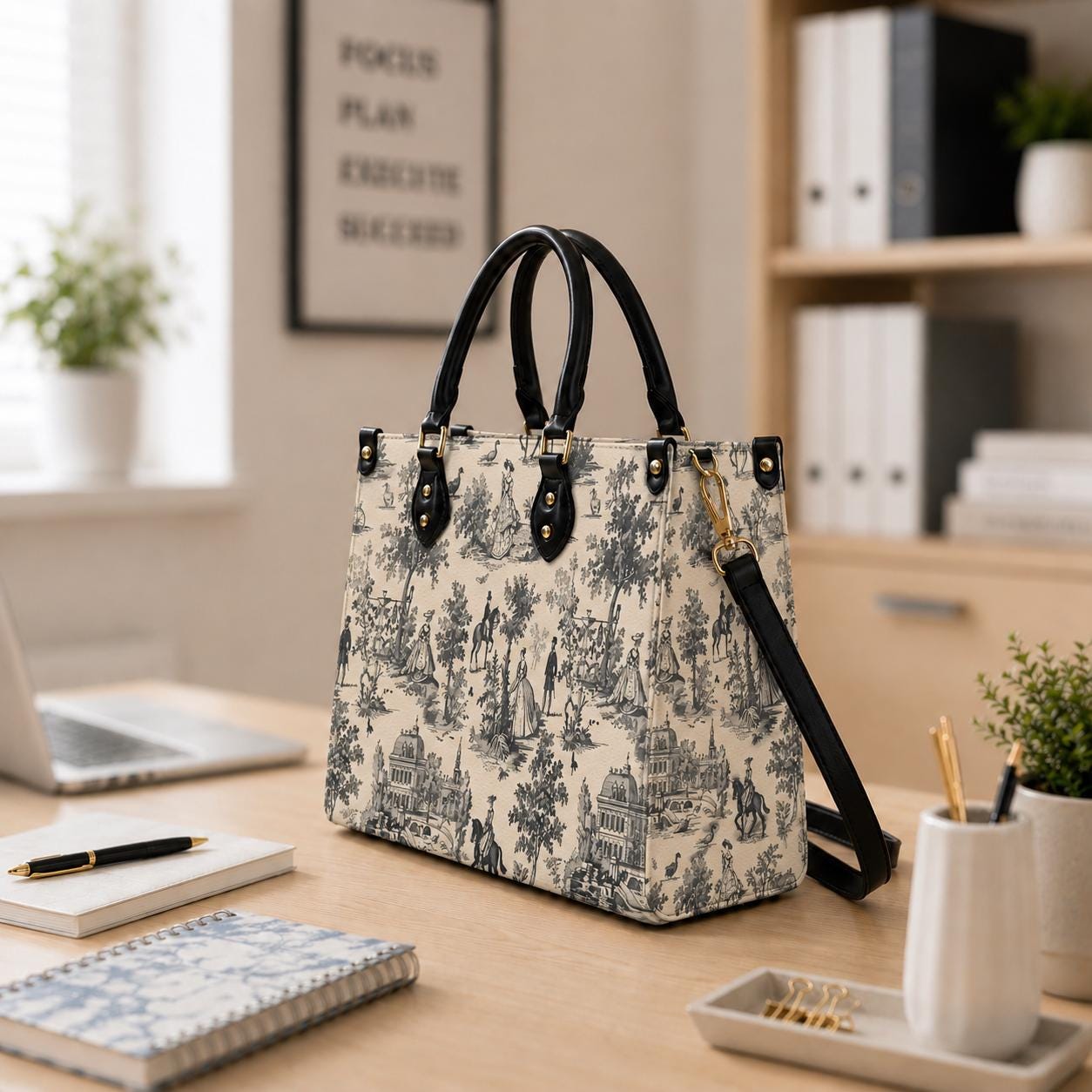 Toile de Jouy Handbag in 3 Sizes - Black White French Vintage Shoulder Bag