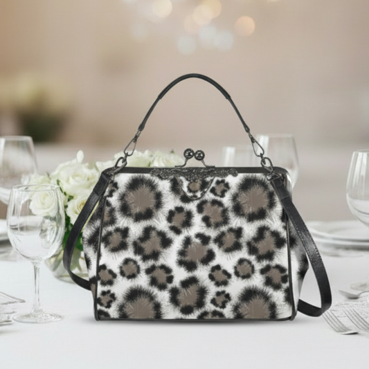 Snow Leopard Kisslock Crossbody Bag – Animal Print Vintage Handbag