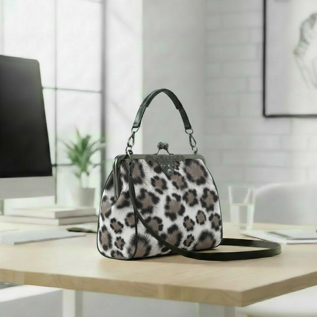 Snow Leopard Kisslock Crossbody Bag – Animal Print Vintage Handbag
