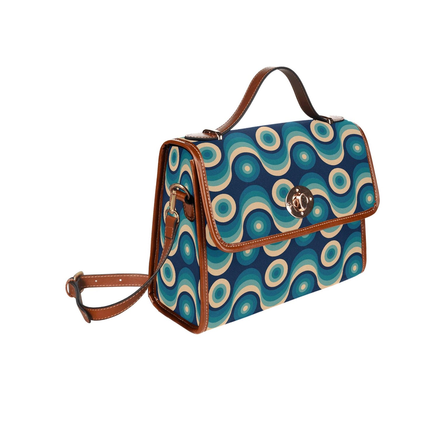 Retro 70s Canvas Crossbody Bag – Blue Brown Midcentury Style Handbag