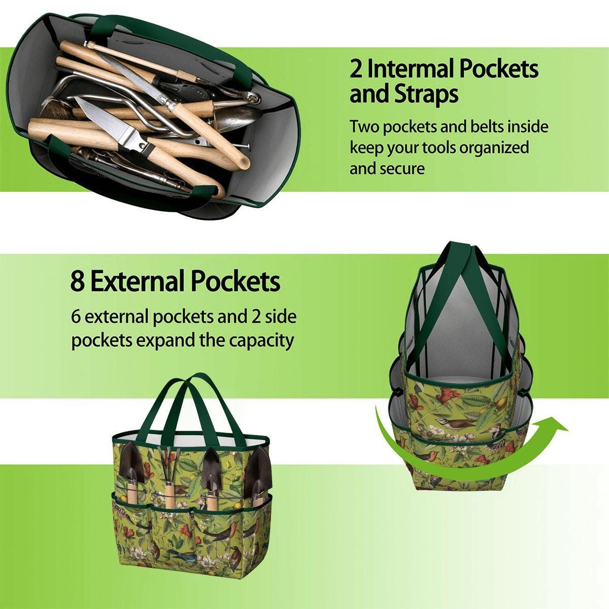 Green Vintage Bird Garden Tote – Gardening Tool Organizer Bag With Pockets