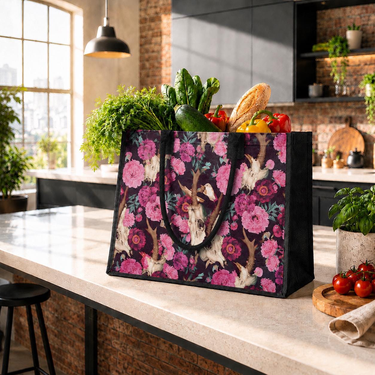 Dark Academia Pink Birds + Skulls Shopping Tote Bag – Gothic Forest Market Bag