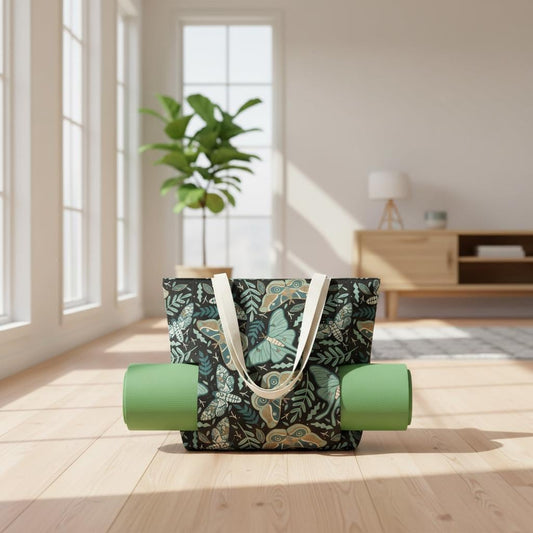 Dark Academia Moths Cotton Yoga Tote – Bag with Built-In Mat Storage