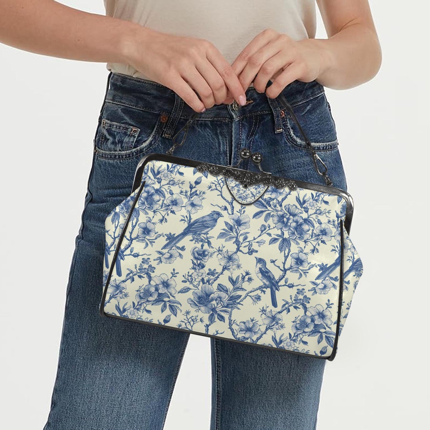 Toile de Jouy Vintage Kisslock Crossbody Bag – Victorian Handbag with Adjustable Strap