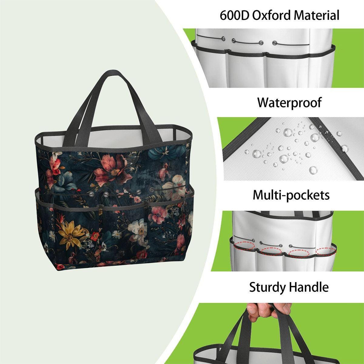Dark Floral Gardening Tool Organizer Bag – Durable Moody Garden Tote with Pockets