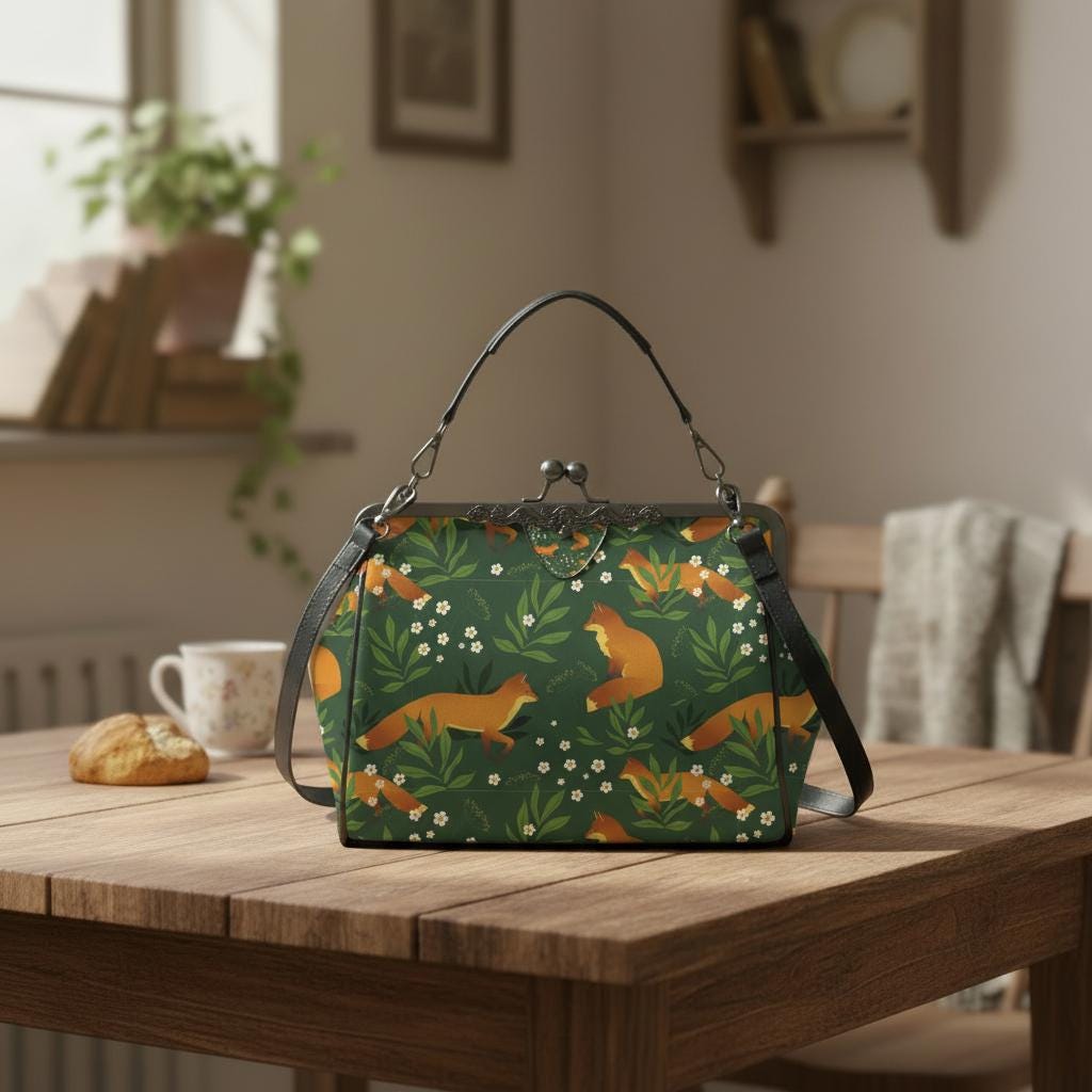 Green Orange Fox Vintage Kisslock Bag - Forest Crossbody Handbag