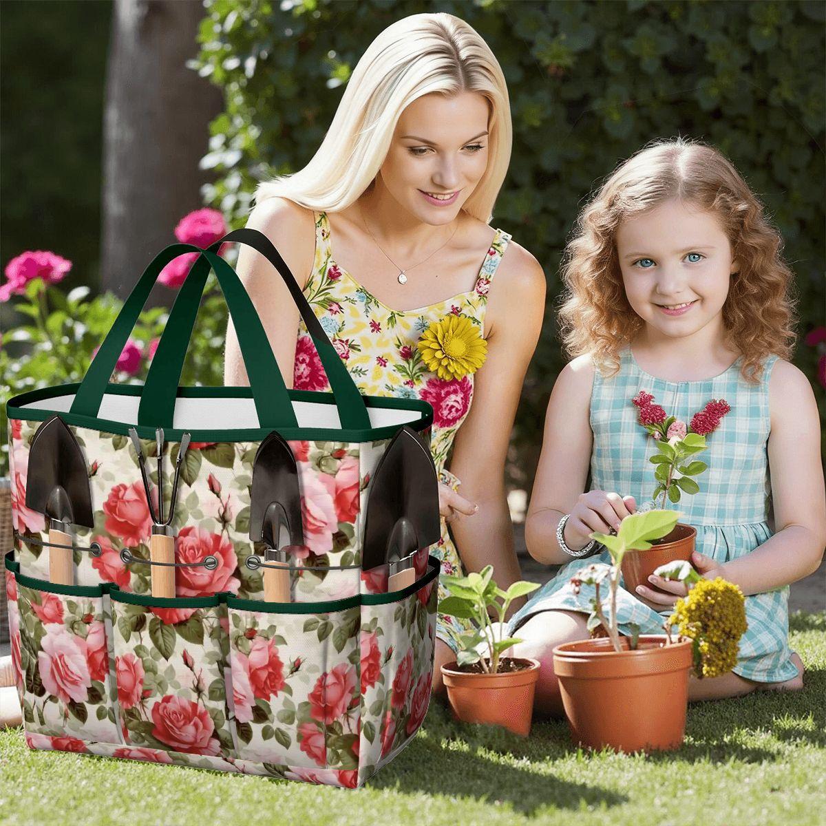 English Roses Garden Tote – Pink Green Gardening Tool Organizer Bag With Pockets