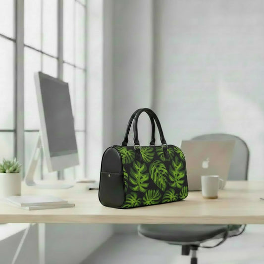 Retro 60s Monstera Print Barrel Handbag – Black Green Botanical Bag
