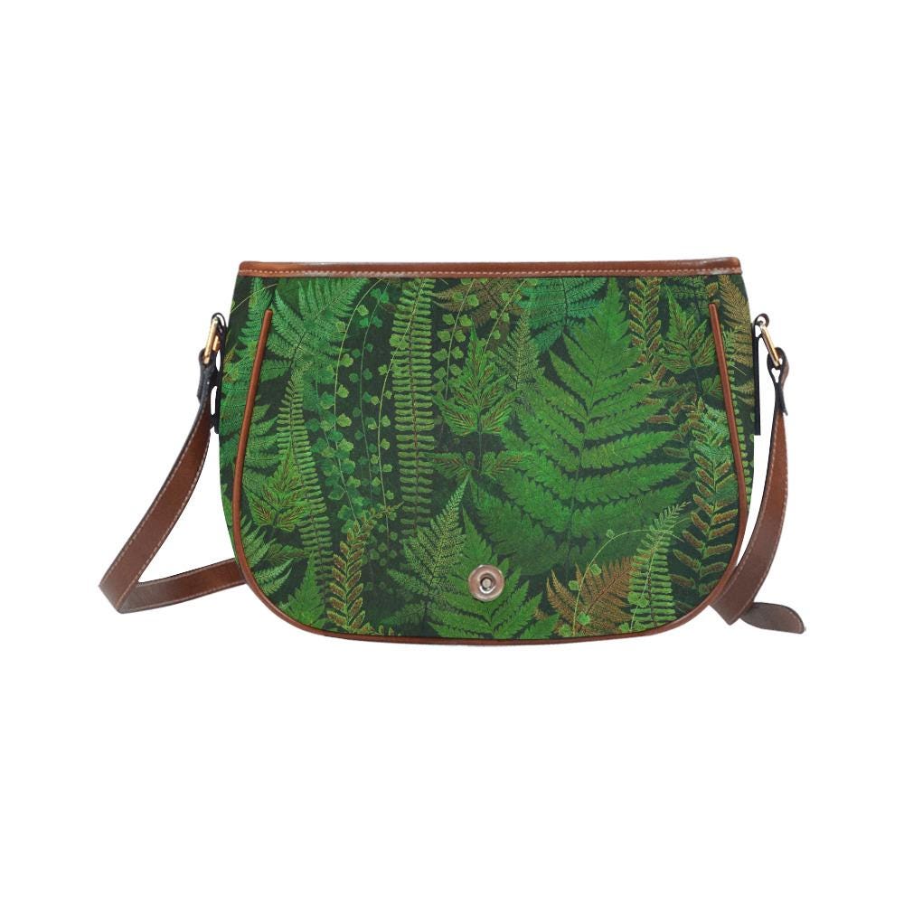 Bolso de montar verde con helechos – bolso botánico de estilo dark academia