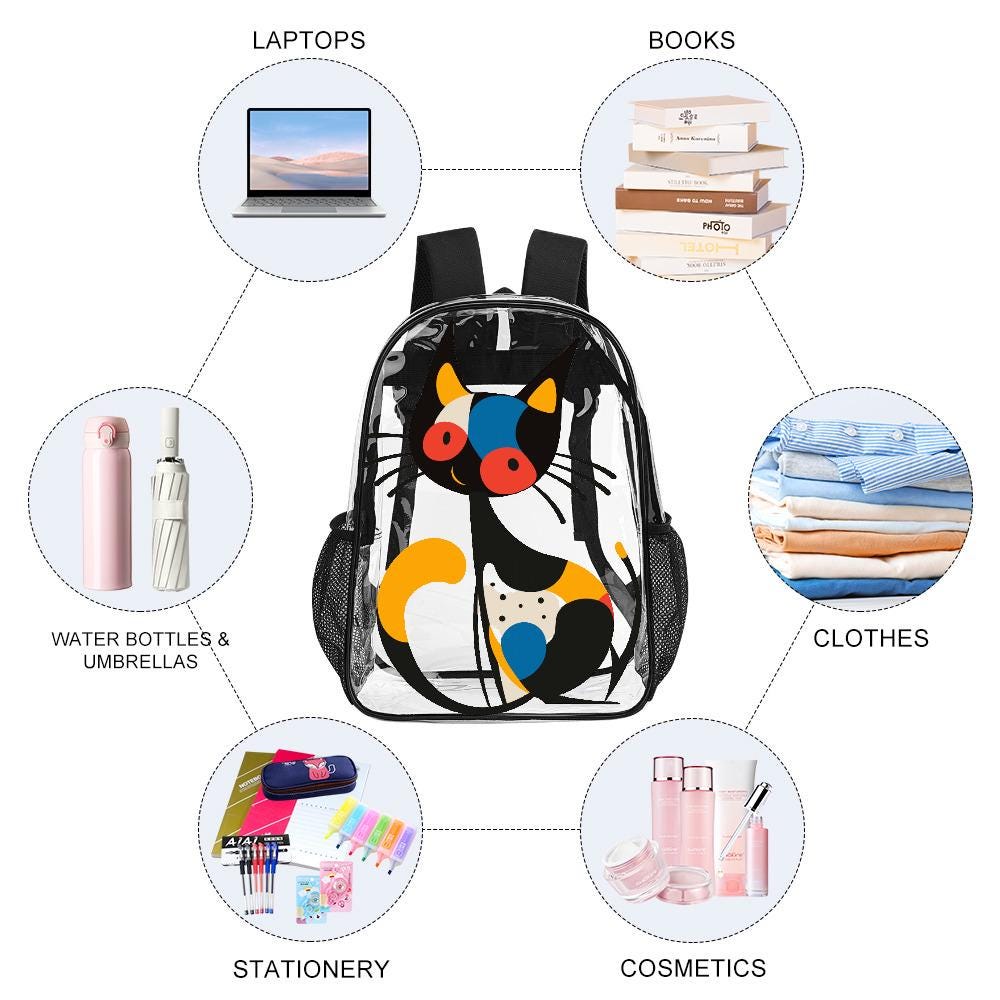 Transparent PVC Backpack with Abstract Cat Print, 17 Inch with Side Pockets
