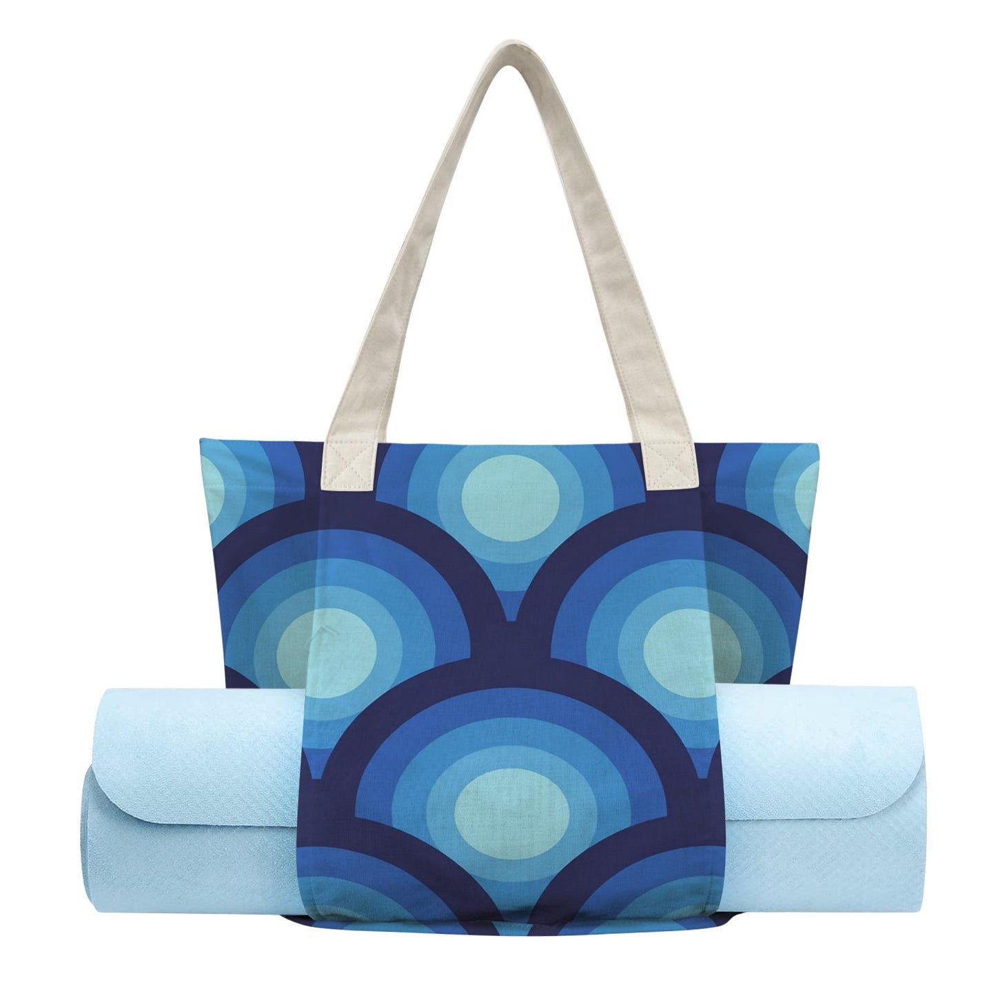 Blue Retro 70s Yoga Mat Tote with Mat Holder – Cotton Linen Gym & Pilates Bag