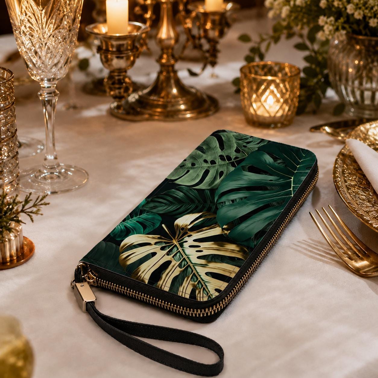 Retro Monstera Leaf Clutch Wallet – Gold Green Botanical Women’s Purse