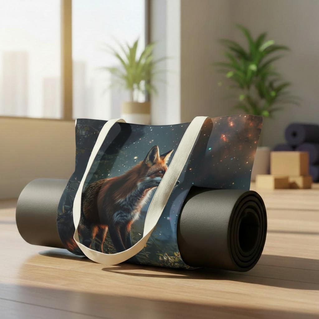 Enchanted Forest Fox Yoga Tote Bag with Mat Holder – Dark Academia Cotton Linen Tote