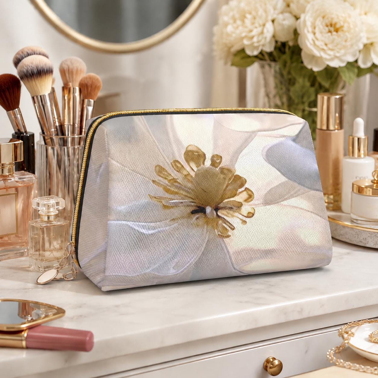 Luxury Floral Makeup Bag – Botanical Faux Leather Travel Cosmetics Case