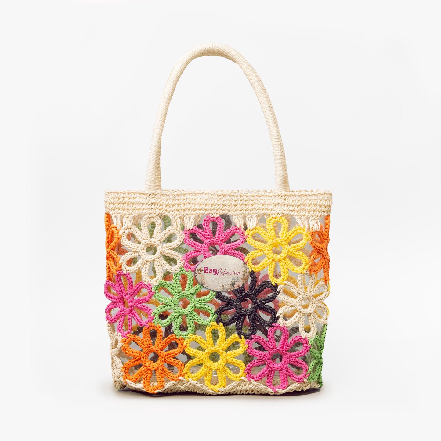 Colorful Crochet Flower Straw Bag – Boho 70s Retro Beach Summer Tote