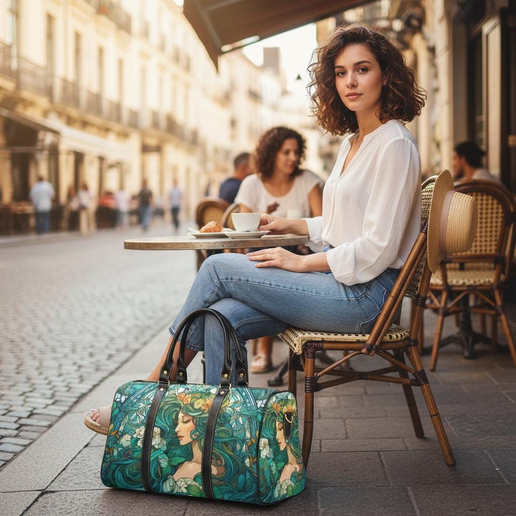Art Nouveau Travel Bag – Waterproof Black Weekender Duffle