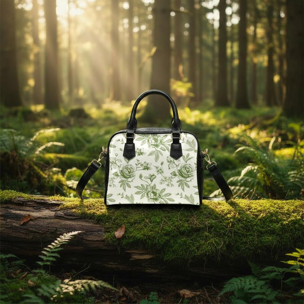 Green White Toile de Jouy Vegan Bag - Floral Crossbody Handbag