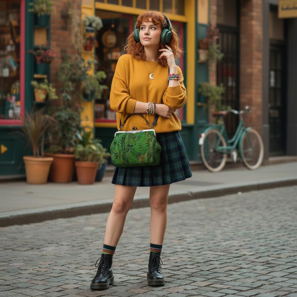 Dark Academia Green Fern Kisslock Crossbody Handbag - Vintage Forest Bag