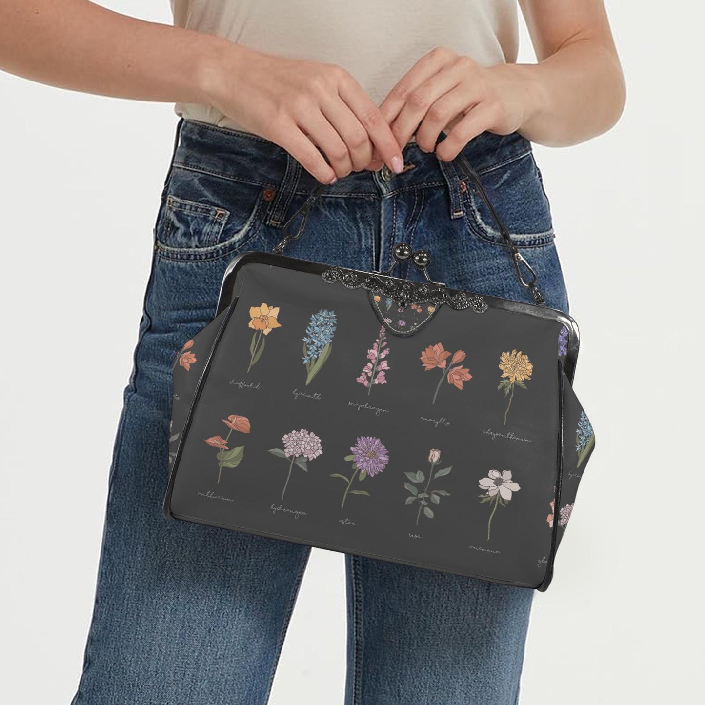 Black Floral Victorian Kisslock Crossbody Handbag - Dark Academia Gothic Bag