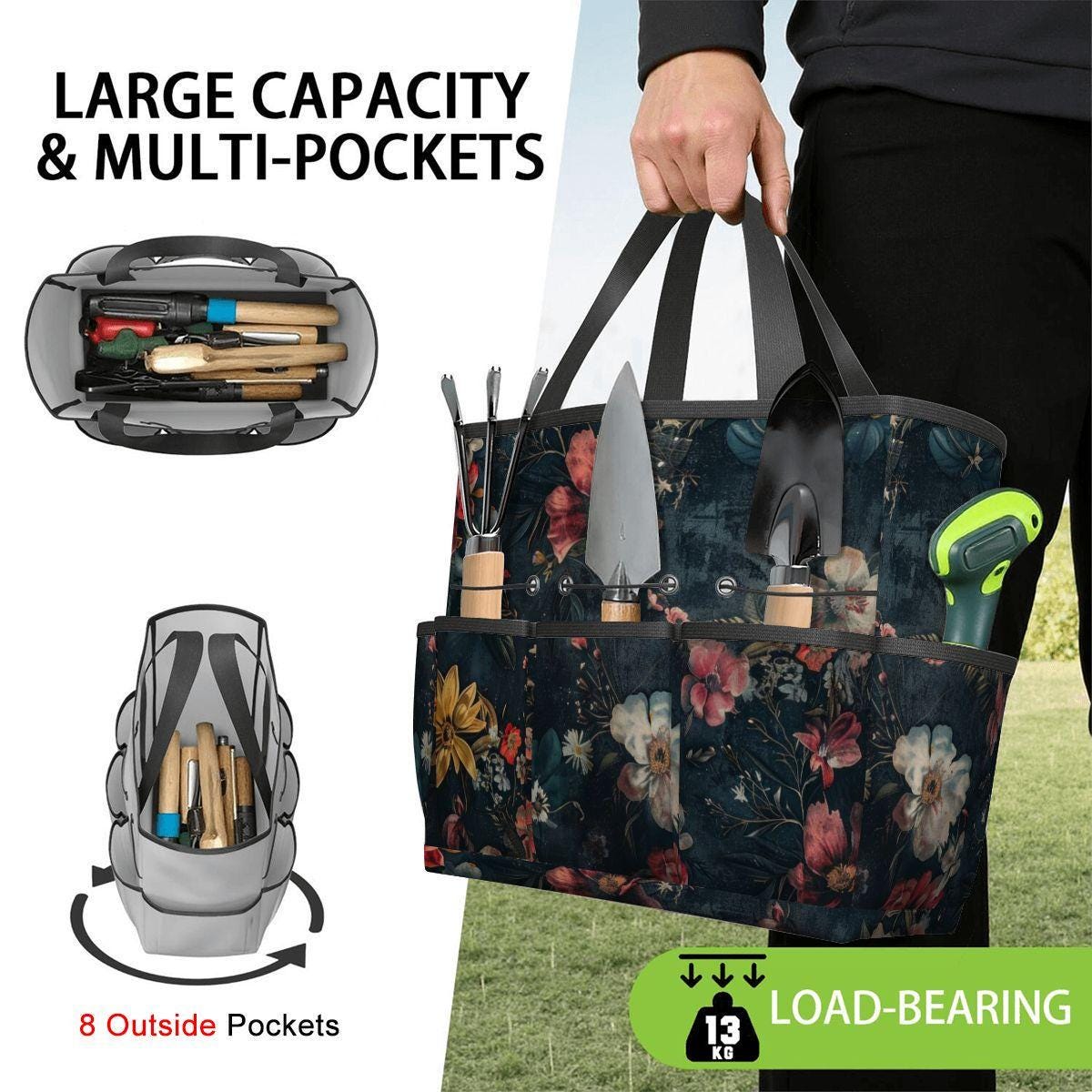 Dark Floral Gardening Tool Organizer Bag – Durable Moody Garden Tote with Pockets