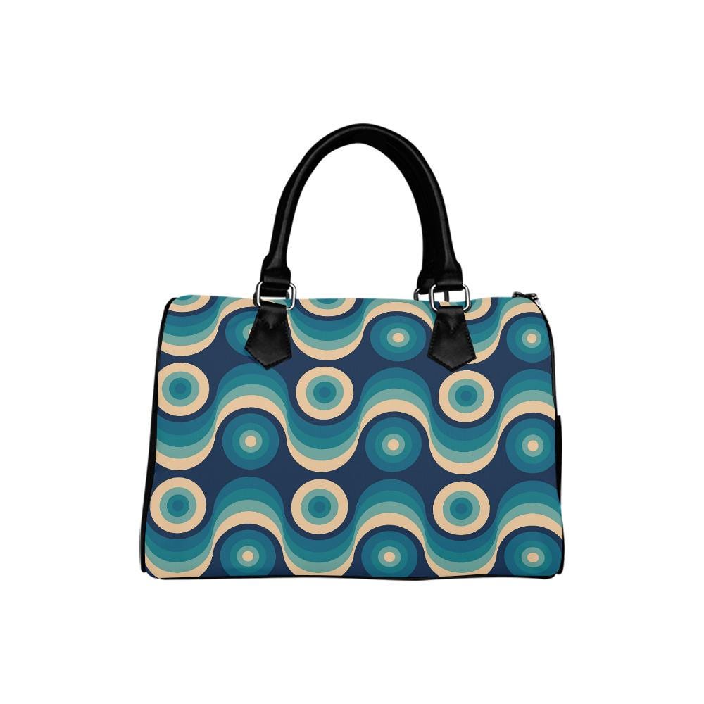 Retro 60s Wave Print Barrel Handbag – Black Blue Midcentury Everyday Purse