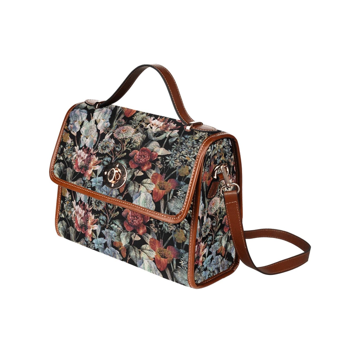 Dark Academia Flowers Canvas Crossbody Bag – Black Red Botanical Handbag