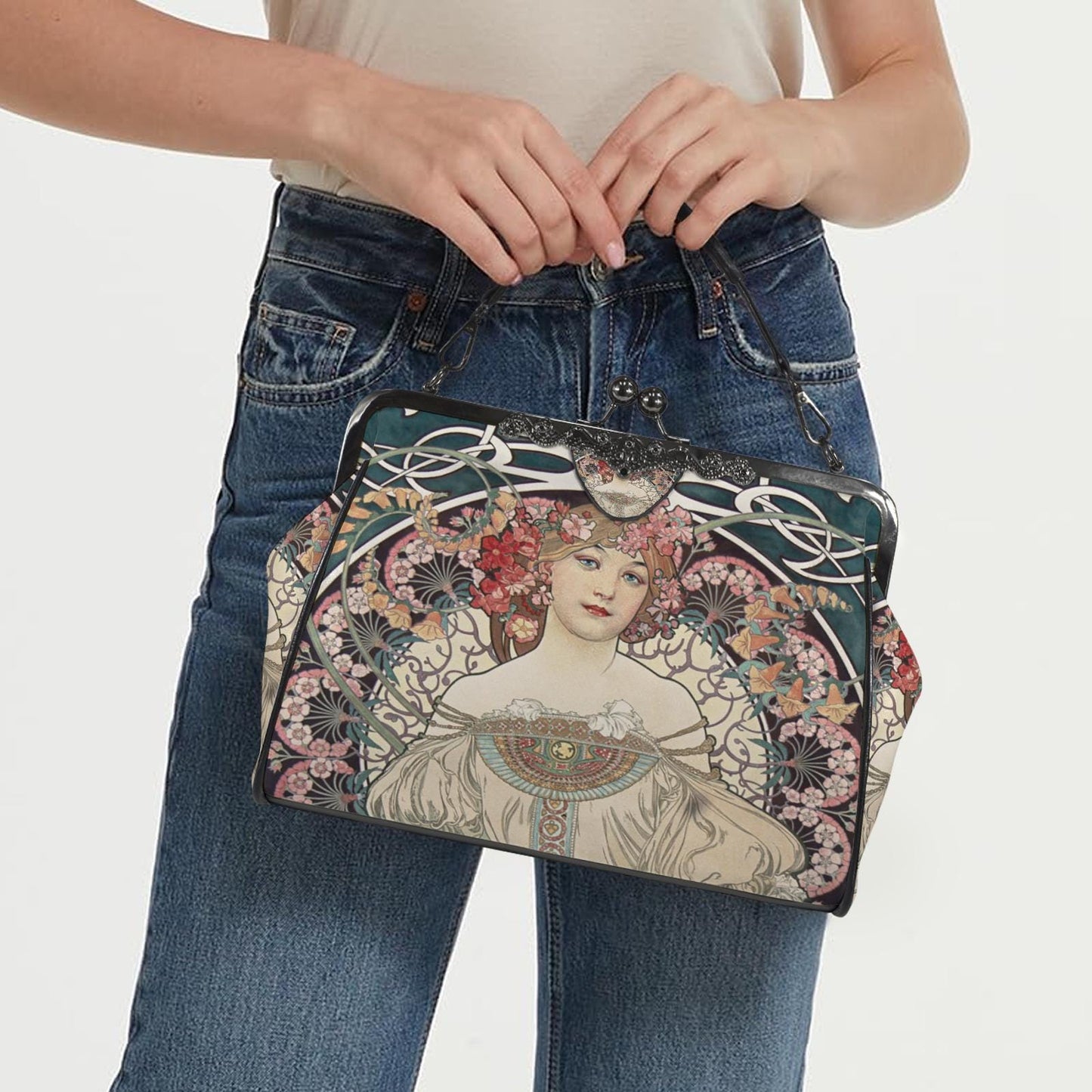 Art Nouveau Style Kisslock Crossbody Handbag - Vintage Romantic Bag