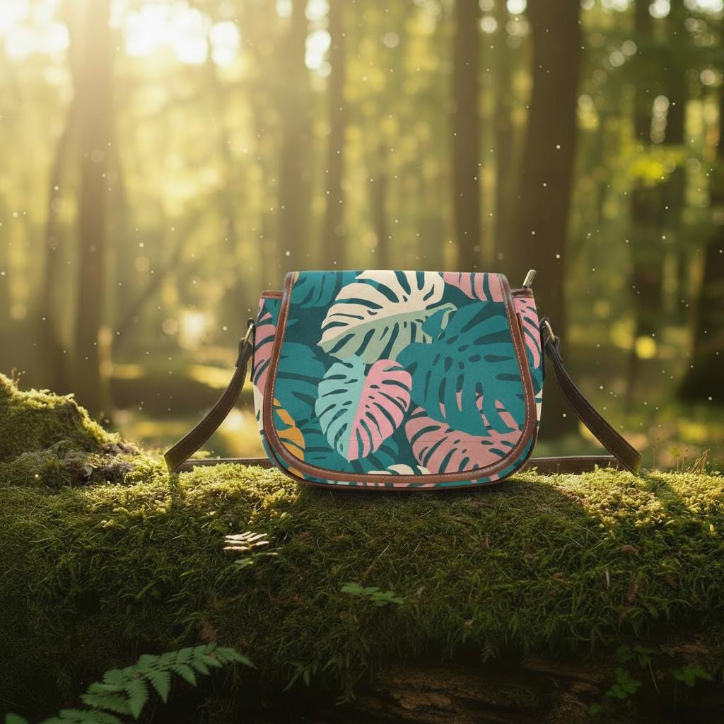 Retro 60s Monstera Pattern Saddle Bag - Midcentury Botanical Crossbody Handbag
