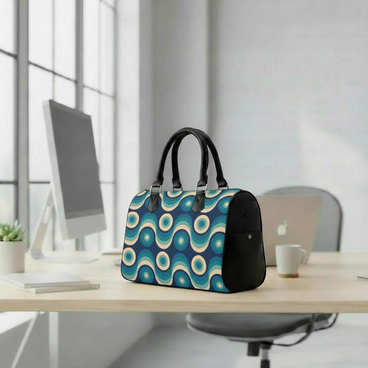 Retro 60s Wave Print Barrel Handbag – Black Blue Midcentury Everyday Purse