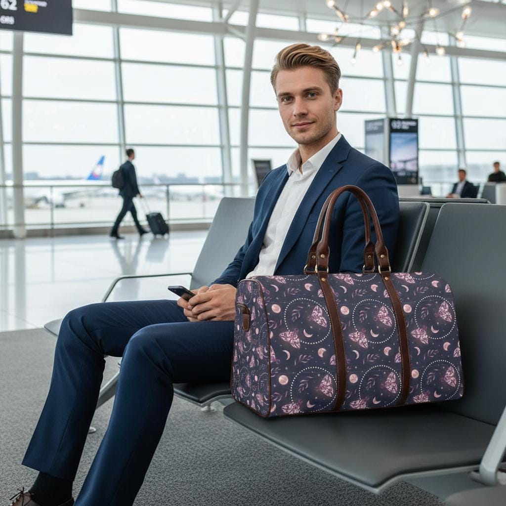 Dark Academia Moths & Moon Travel Bag – Waterproof Black Weekender Duffle