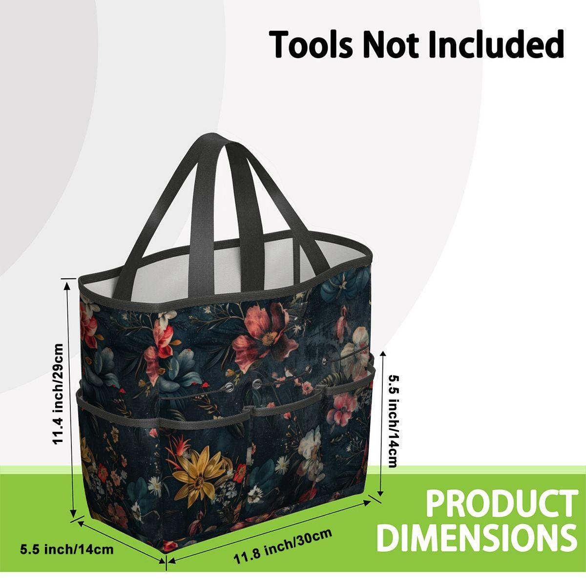Dark Floral Gardening Tool Organizer Bag – Durable Moody Garden Tote with Pockets