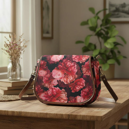Bold Red Peonies Saddle Bag - Floral Cottagecore Crossbody Handbag