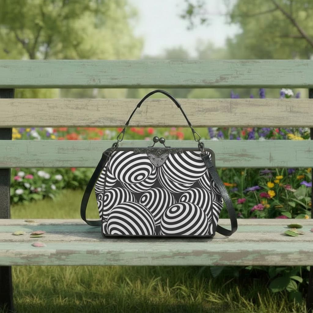 Black White Op-Art Kisslock Crossbody Bag – Vintage 80s Monochrome Handbag