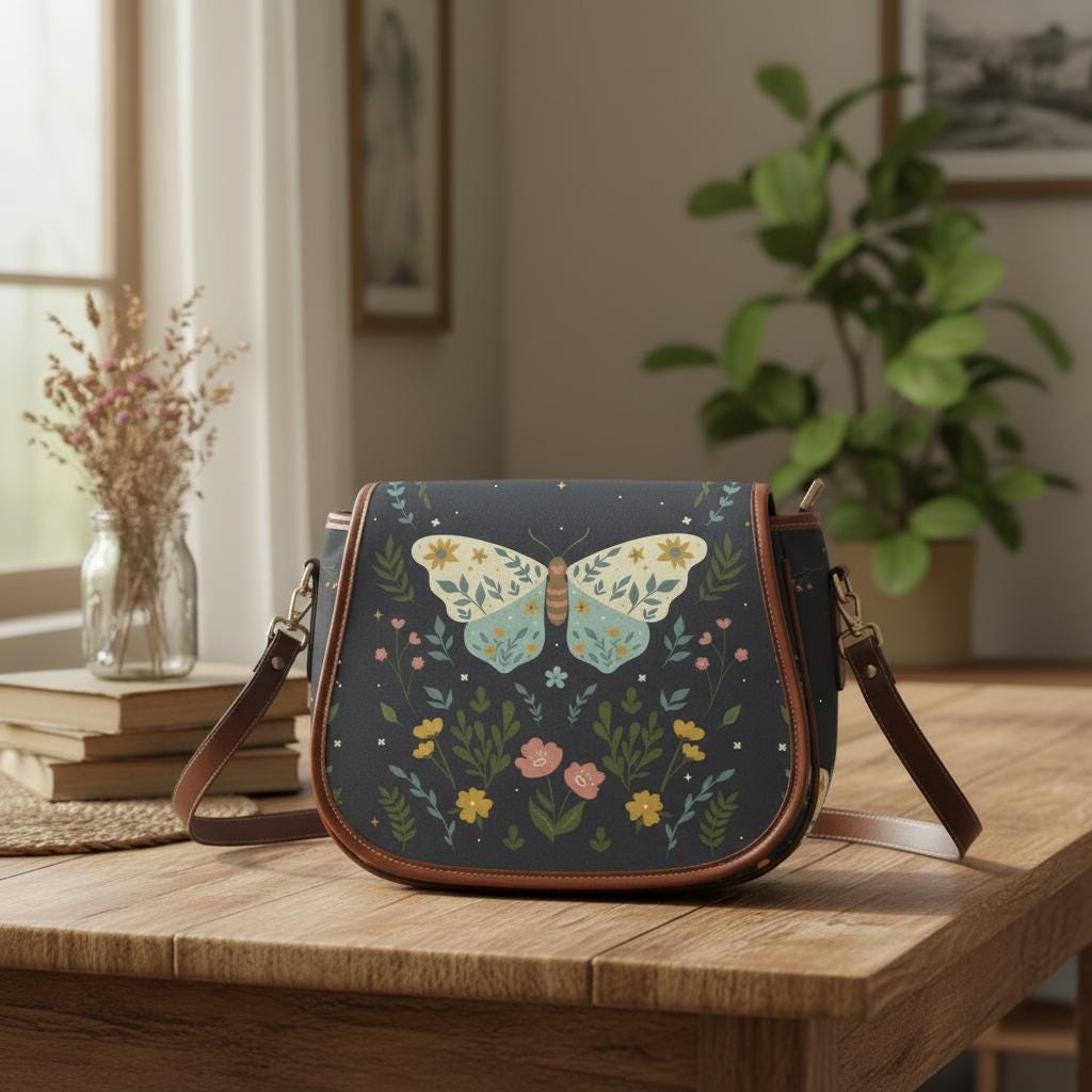 Dark Academia Moth Butteflies Saddle Handbag – Crossbody Oxford Fabric Alternative