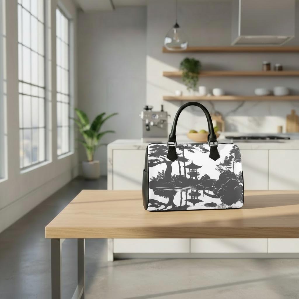 Asian Ink Pagoda Barrel Handbag – Black White Zen Art Wabisabi Purse
