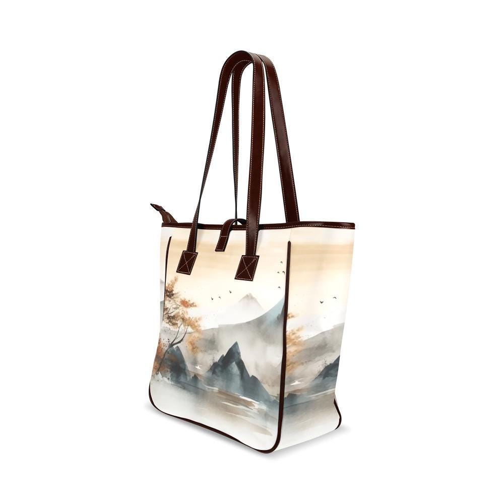 Japanese Watercolor Mountains Tote Bag – Large Asian Art Style Handbag