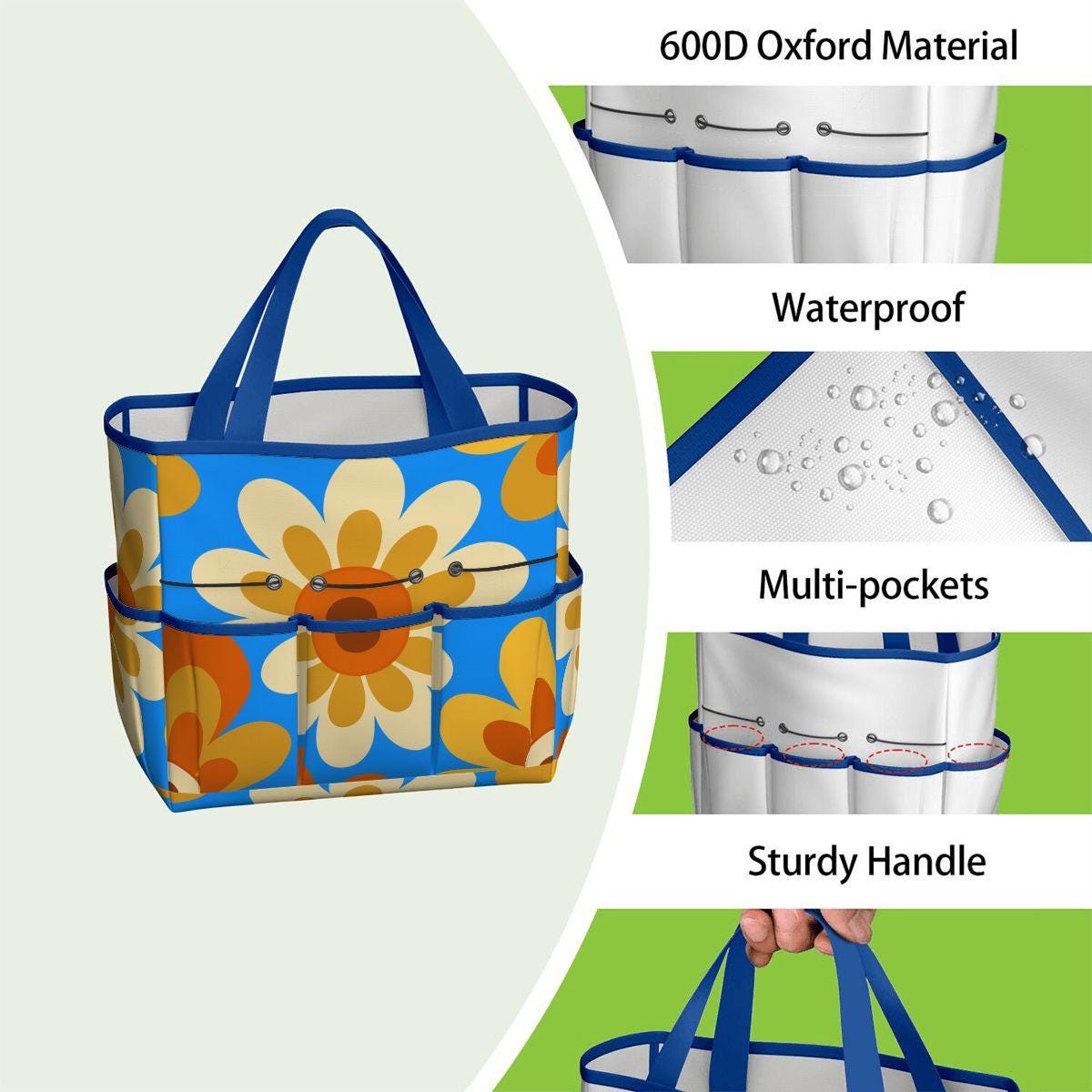 Retro 70s Gardening Tool Organizer Bag – Bold Blue Orange Flower Power Tote