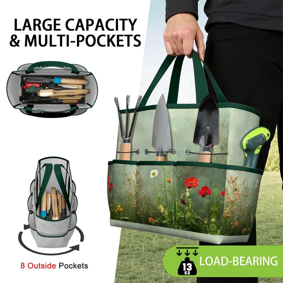 Wildflowers Meadow Gardening Tool Organizer Bag – Durable Tote with Pockets