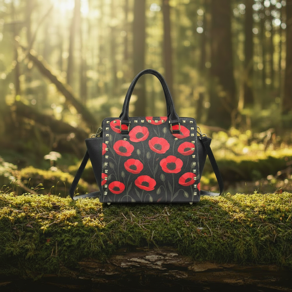 Black Red Poppy Floral Studded Shoulder Bag – Vintage Top-Handle Bag
