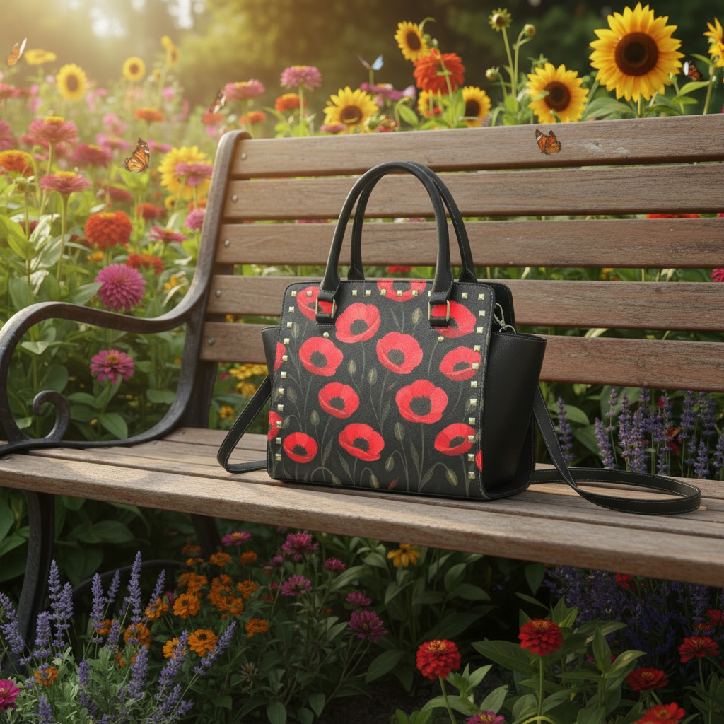 Black Red Poppy Floral Studded Shoulder Bag – Vintage Top-Handle Bag