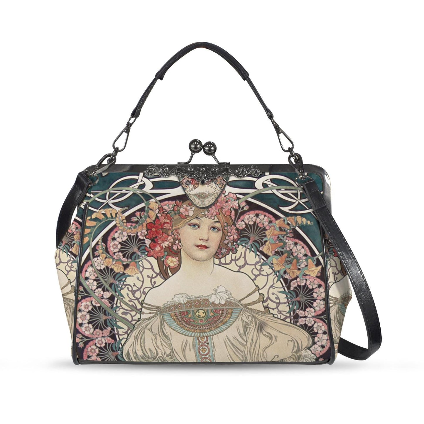 Art Nouveau Style Kisslock Crossbody Handbag - Vintage Romantic Bag
